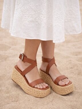 Donna Karan Wedge Sandals 7.5 Brown Leather Lolah Platform Chunky Raffia New $92